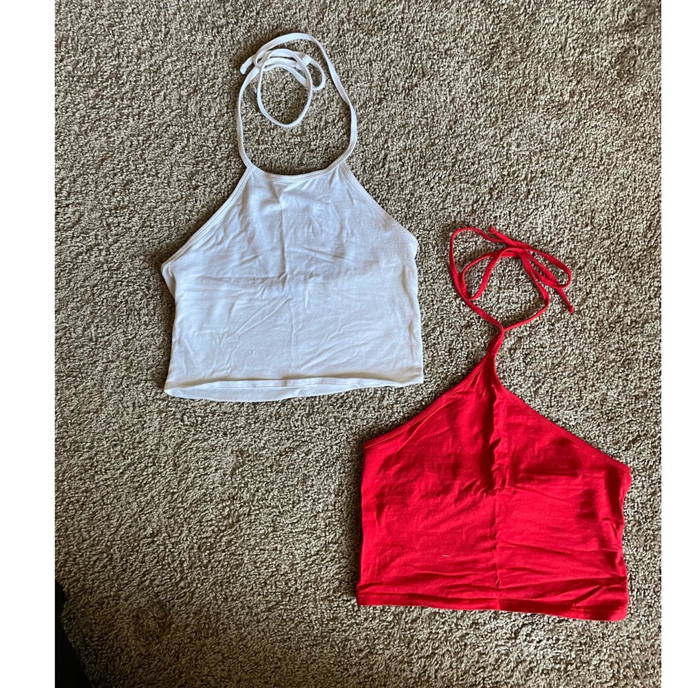 2 HALTER CROP TOPS • BOTH SIZE S • RED - FOREVER 21 • WHITE - CHARLOTTE RUSSE